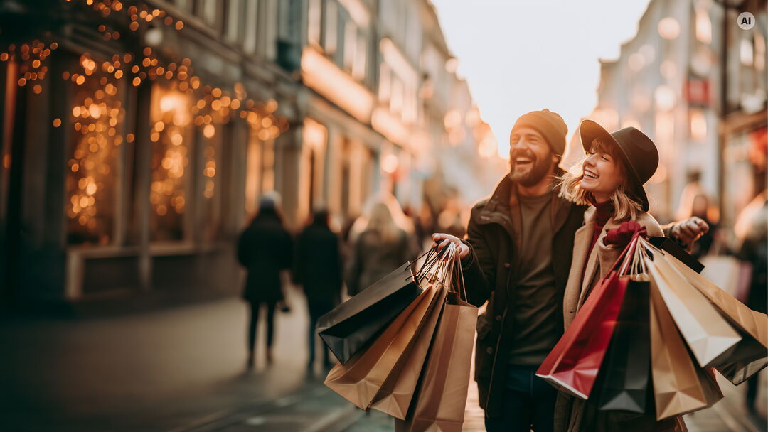 Glückliches Pärchen mit Shoppingtüten in herbstlicher Einkaufsstraße